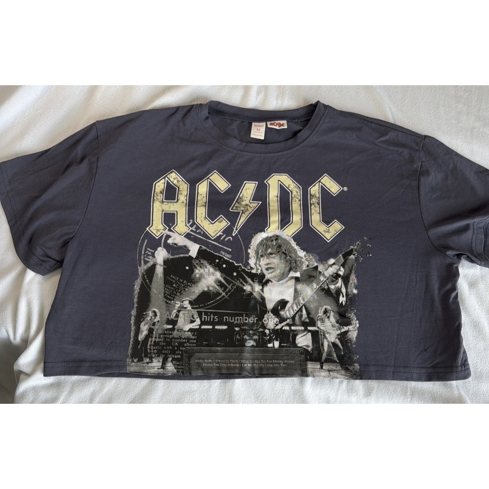 B12~ ACDC Crop Graphic T-shirt Women M Oversized Gray Short Sleeve